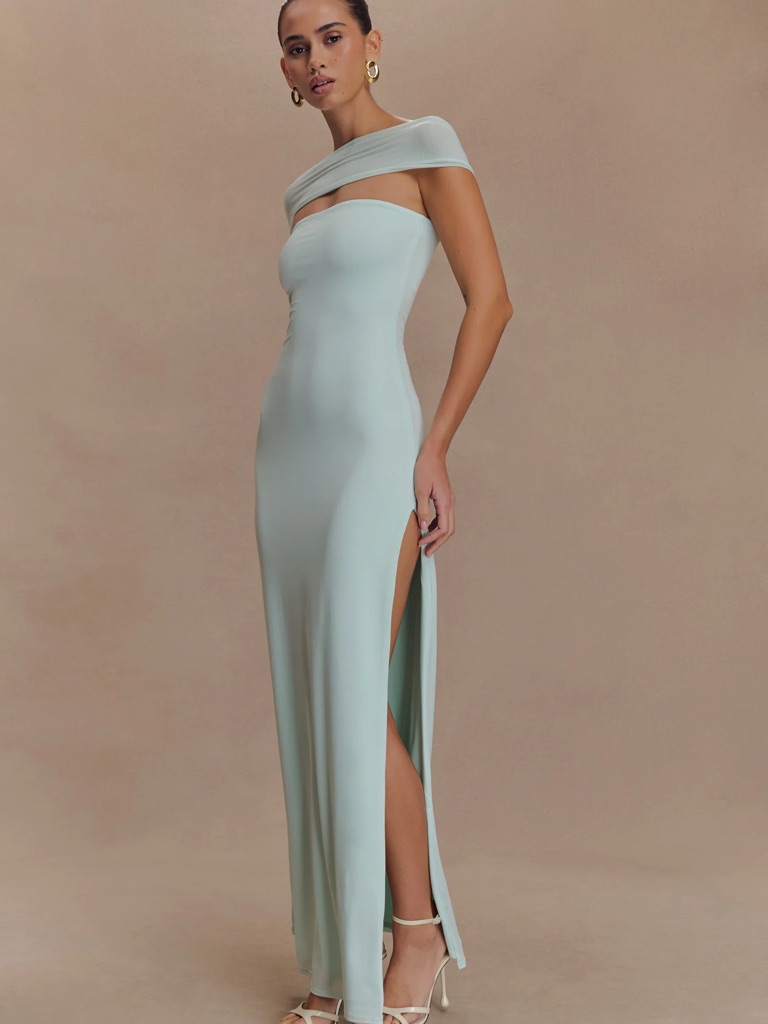 Meshki Mint Off-Shoulder Maxi Dress With High Slit
